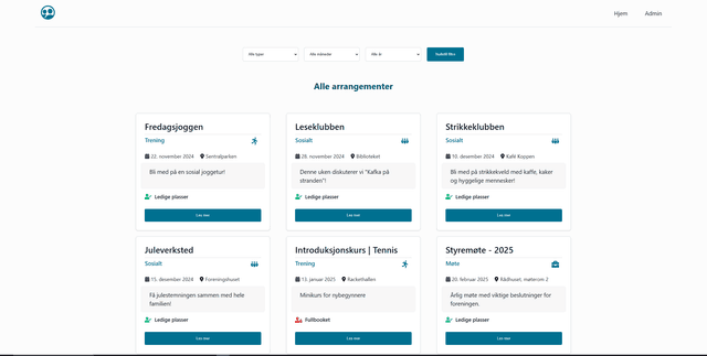 Skjermbilde fra prosjektet Arrangementsportal