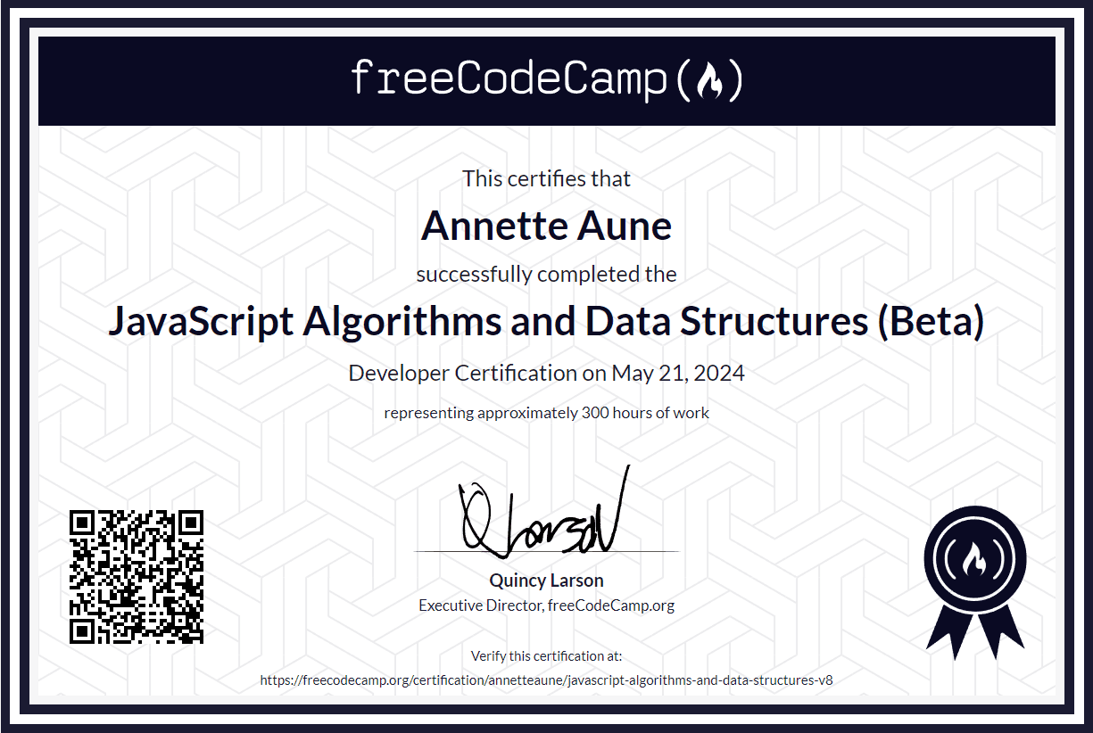 Certificate fra FreeCodeCamp for javascriptalgoritmer og datastrukturer