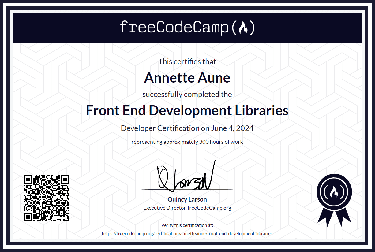 Certificate fra FreeCodeCamp for front end-biblioteker