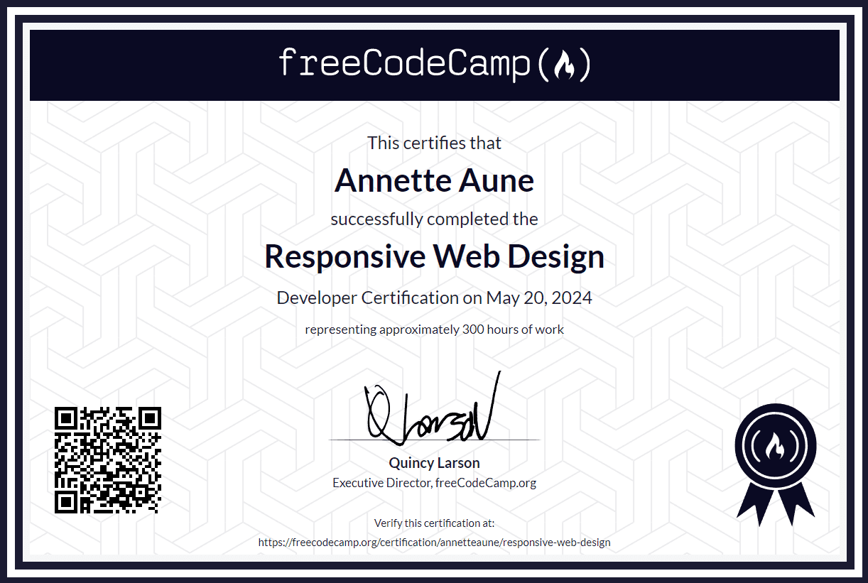 Certificate fra FreeCodeCamp for responsiv webdesign