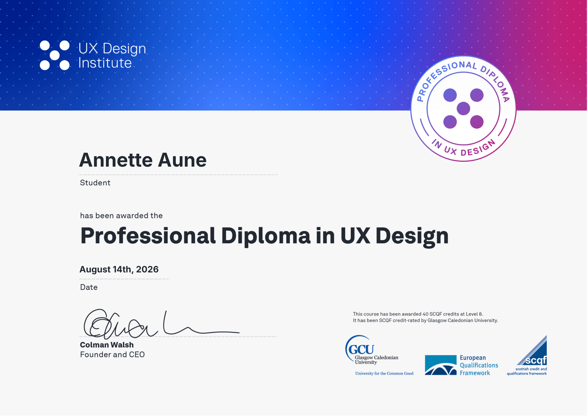 Certificate fra UX Design Institute for profesjonell UX-design
